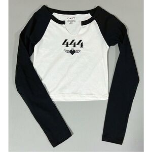Black White ‘444’ Angel Number Long Sleeve T-Shirt Top Blouse Tee Size S 🖤 #y2k